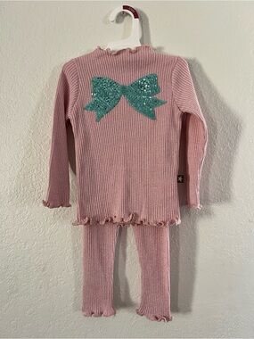 Girls Pink Ribbed Pajama Set with Teal Sequin Bow